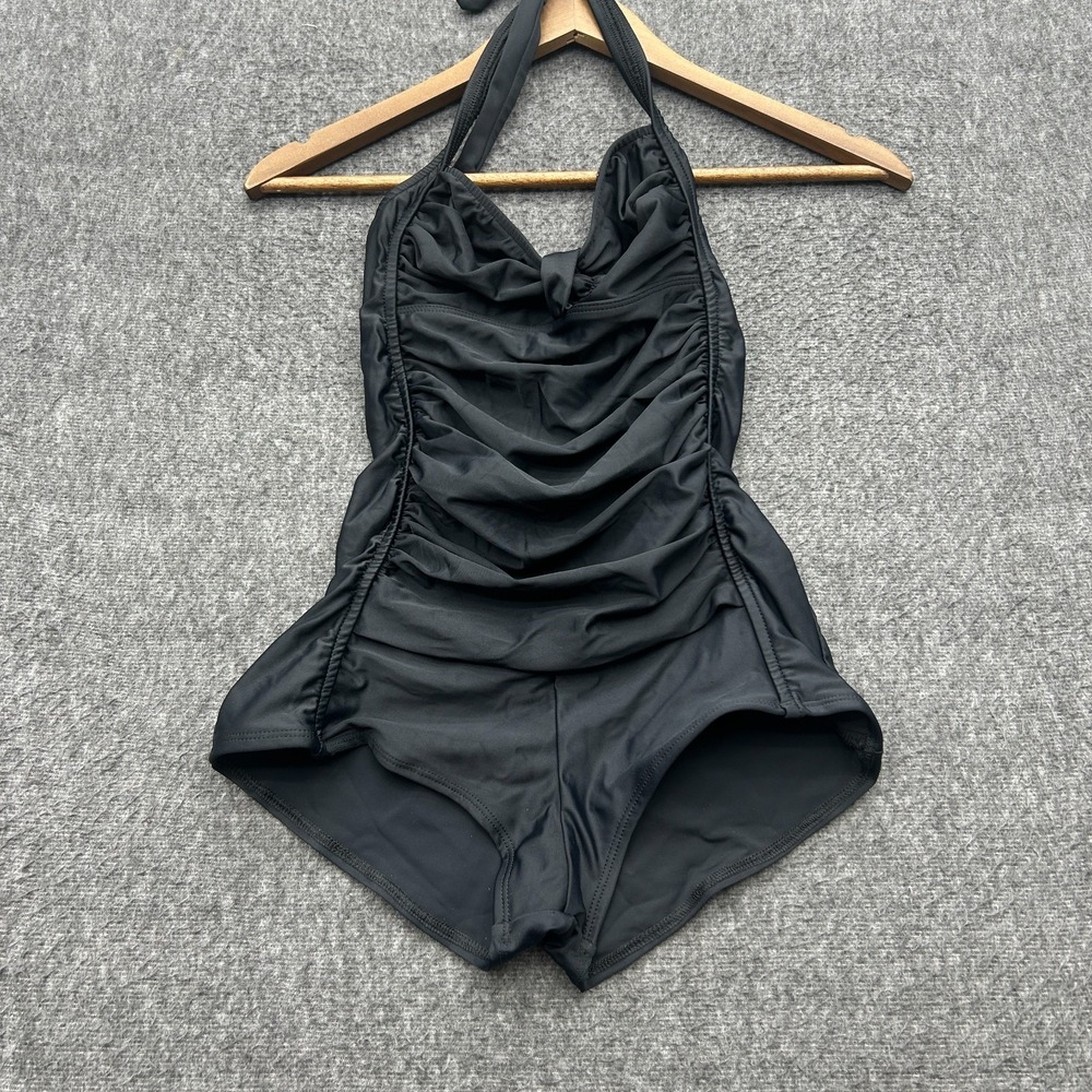 Venus One Piece Swimsuit Size 6 Black Ruched Halter Boyshort Boyleg Retro Goth